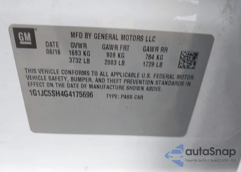 2016 Chevrolet Sonic Lt Auto из США, поврежденный, VIN 1G1JC5SH4G4175696